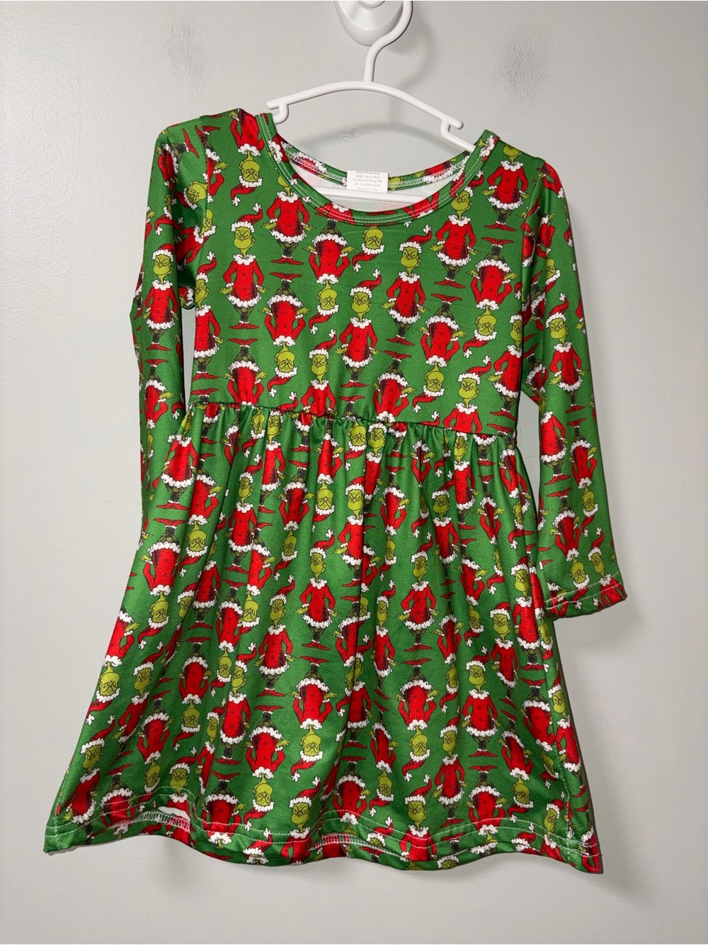 Boutique Grinch Print Long Sleeve Green Twirl Christmas Holiday Dress 3T